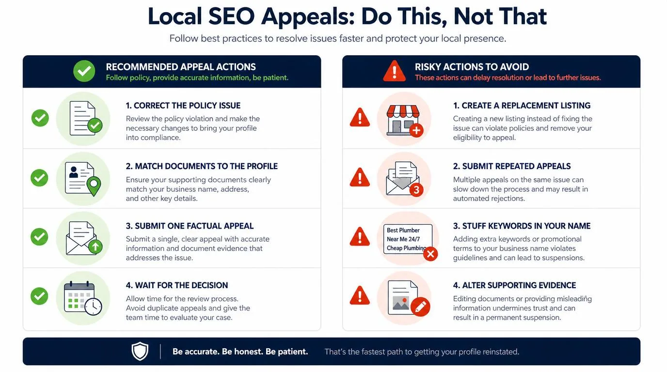 Split comparison of local SEO appeal actions. Recommended: correct the policy issue, match documents to the profile, submit one factual appeal, and wait for the decision. Risky actions to avoid: creating a replacement listing, submitting repeated appeals, stuffing keywords in the business name, and altering supporting evidence.