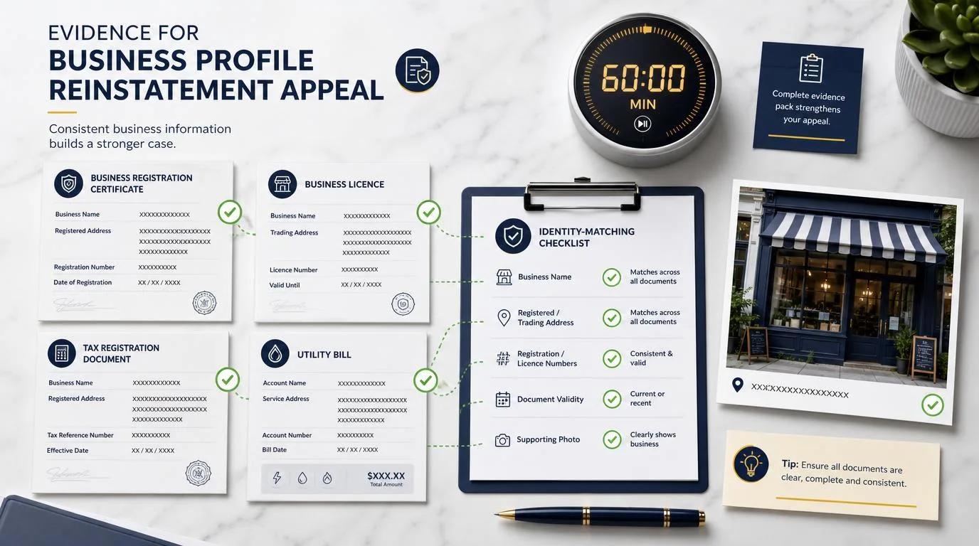 Evidence pack for a business profile reinstatement appeal, showing a business registration certificate, business licence, tax registration document and utility bill checked against an identity-matching checklist for business name, address, registration numbers, document validity and a supporting storefront photo, with a 60-minute submission timer.