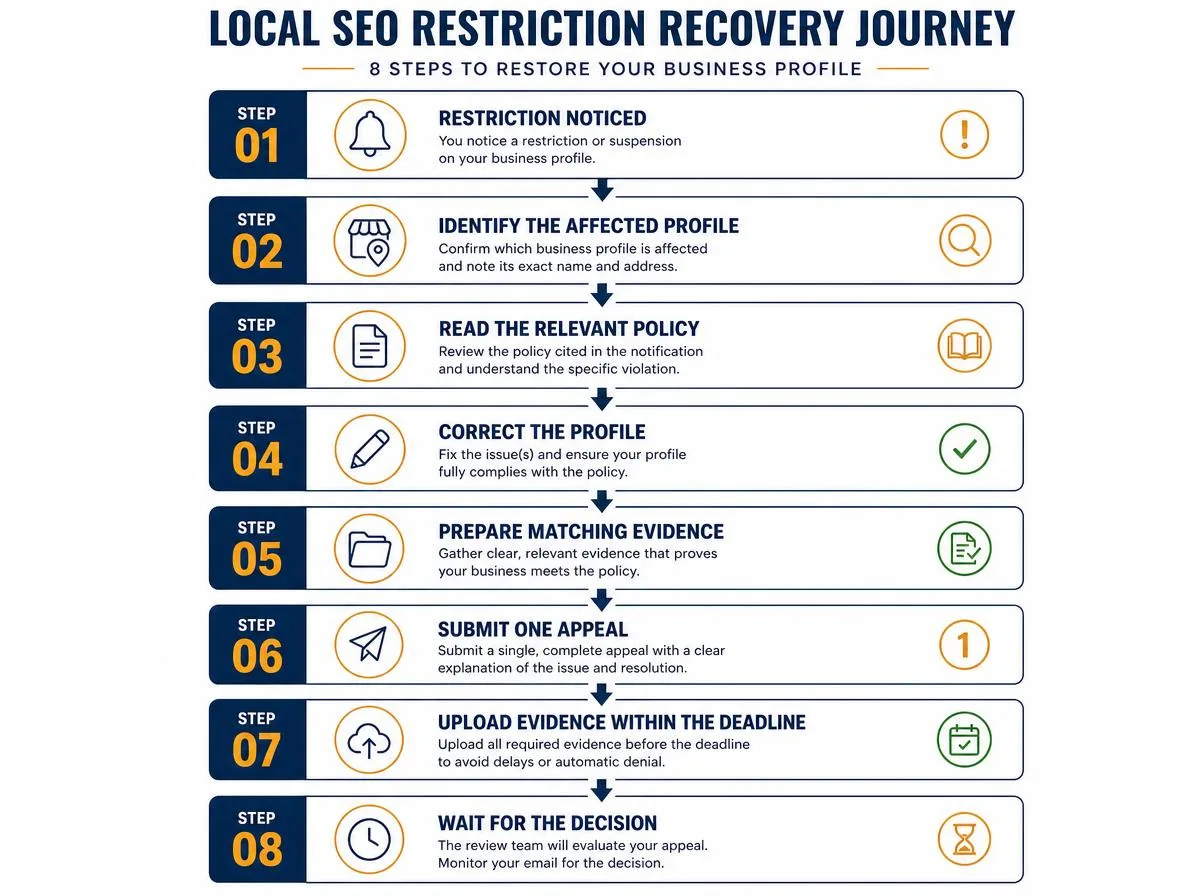 Eight-step recovery flow for a restricted local business profile: notice the restriction, identify the affected profile, read the relevant policy, correct the profile, prepare matching evidence, submit one appeal, upload evidence within the deadline, and wait for the decision.